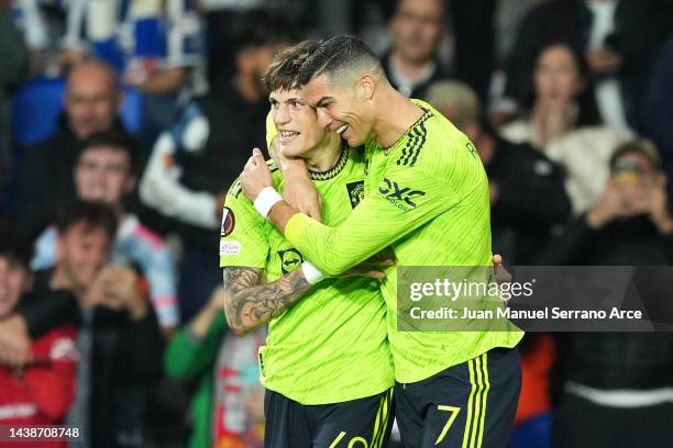 Alejandro Garnacho of Manchester United celebrates with team mate Cristiano Ronaldo after scoring their sides first goal during the UEFA Europa...