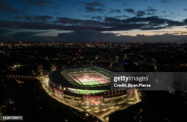 An aerial view of Emirates Stadium prior to the UEFA Europa League group A match between Arsenal FC and FC Zürich at Emirates Stadium on November 03,...