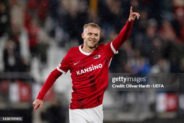 Jens Odgaard of AZ Alkmaar celebrates after scoring their sides first goal during the UEFA Europa Conference League group F match between AZ Alkmaar...