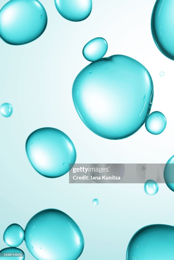 Transparent moisturizing blue drops. Beauty 3D molecules.. Hydrating hyaluronic acid. Cosmetic products for makeup and skin care. Cosmetology.