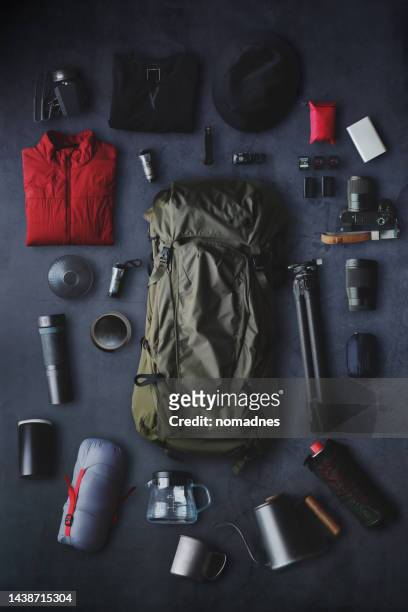 camping gear, hiking gear and photography gear equipment. accessories for outdoors activity. - survival fotografías e imágenes de stock