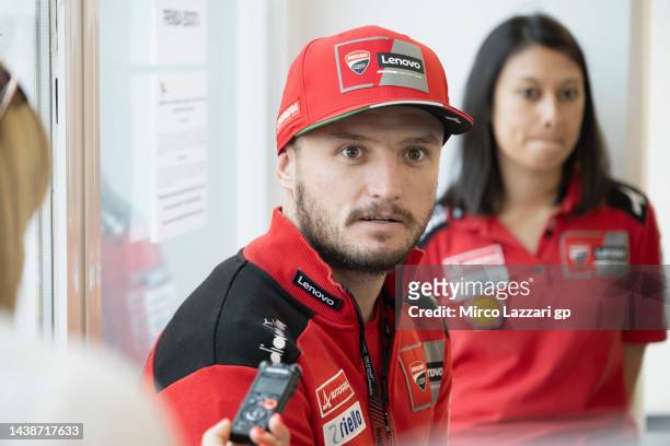 Jack Miller of Australia and Ducati Lenovo Team speaks with journalists in the media center during the MotoGP of Comunitat Valenciana - Previews at...
