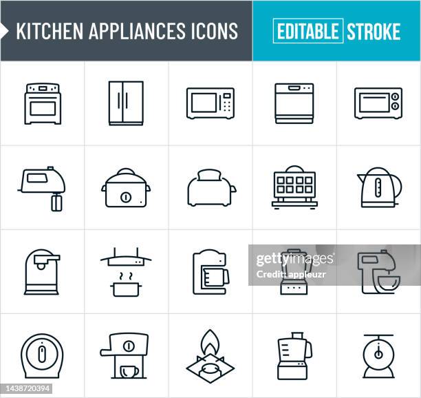 küchengeräte dünne linie icons - editierbare strich - toaster oven stock-grafiken, -clipart, -cartoons und -symbole