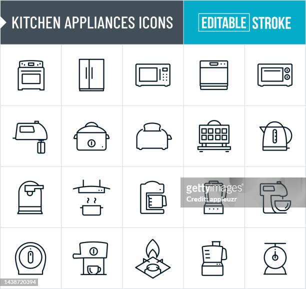 kitchen appliances thin line icons - editable stroke - freezer icon stock illustrations