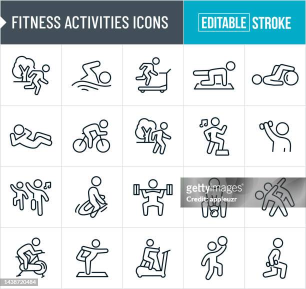 stockillustraties, clipart, cartoons en iconen met fitness activities thin line icons - editable stroke - strekken
