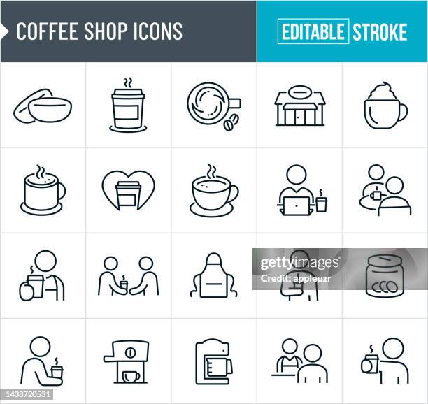 ilustraciones, imágenes clip art, dibujos animados e iconos de stock de iconos de línea fina de cafetería - trazo editable - café edificio de hostelería