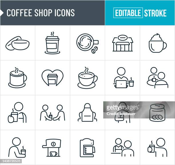 illustrations, cliparts, dessins animés et icônes de icônes de ligne mince de café - trait modifiable - boire