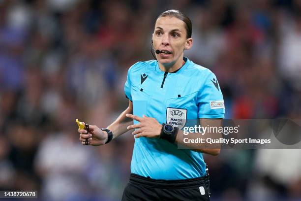 Referee Stephanie Frappart looks on during the UEFA Champions League group F match between Real Madrid and Celtic FC at Estadio Santiago Bernabeu on...