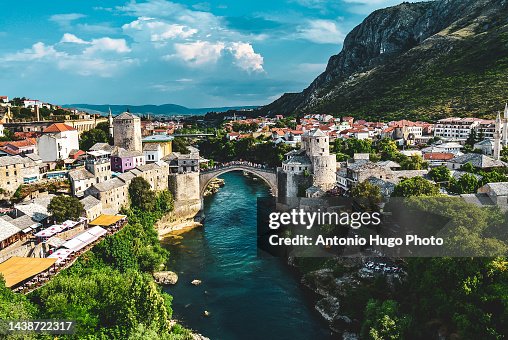 View of the city of Mostar and its old bridge (Stari Most). Bosnia. Balkan countries.