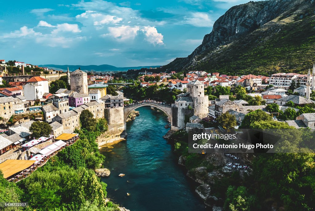View of the city of Mostar and its old bridge (Stari Most). Bosnia. Balkan countries.