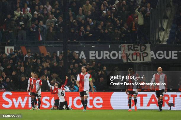 Santiago Gimenez of Feyenoord celebrates scoring their side's first goal with teammates during the UEFA Europa League group F match between Feyenoord...