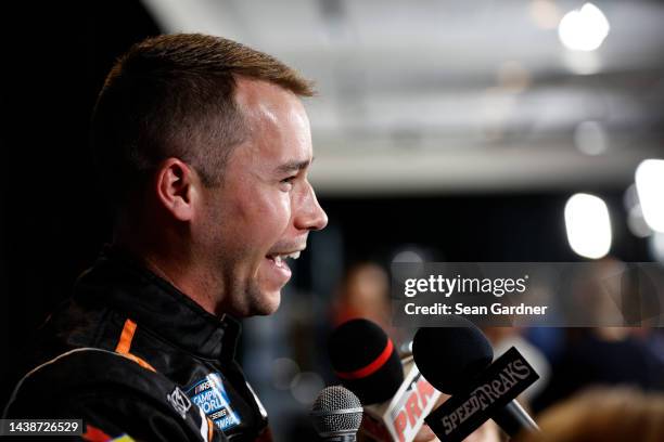 Ben Rhodes, driver of the Kubota Toyota, speaks to the media during the NASCAR Championship 4 Media Day at Phoenix Raceway on November 03, 2022 in...