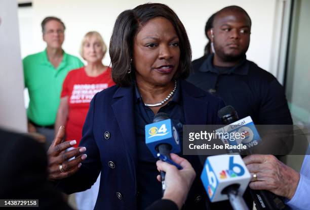 Rep. Val Demings , Democratic nominee for the U.S. Senate, speaks to the media following a gun violence prevention community discussion on November...