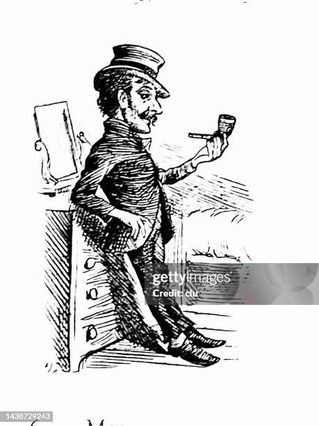 illustrazioni stock, clip art, cartoni animati e icone di tendenza di uomo in piedi a una pipa da fumo dell'armadietto - pipa prodotto a base di tabacco