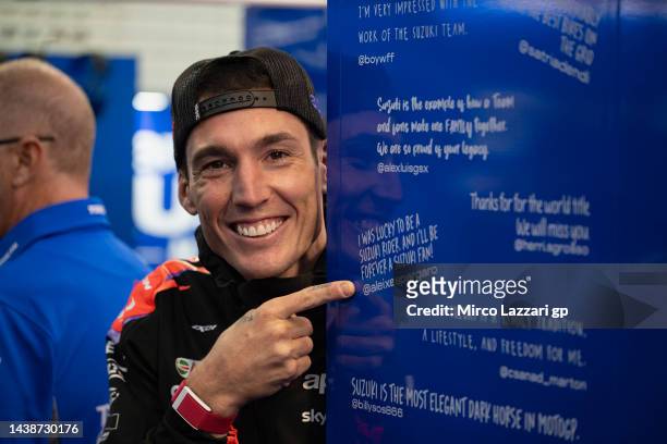 Aleix Espargaro of Spain and Aprilia Racing smiles and poses in Team Suzuki ECSTAR box during the last race week-end during the MotoGP of Comunitat...