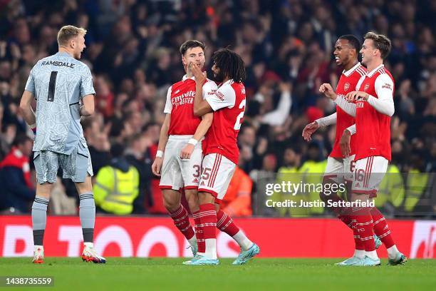 Kieran Tierney of Arsenal celebrates with team mate Mohamed Elneny after scoring their sides first goal during the UEFA Europa League group A match...