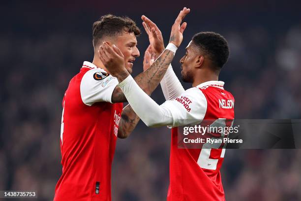 Ben White and Reiss Nelson of Arsenal celebrate after Kieran Tierney of Arsenal scores their sides first goal during the UEFA Europa League group A...