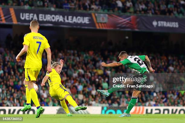 Aitor Ruibal of Real Betis scores their sides first goal during the UEFA Europa League group C match between Real Betis and HJK Helsinki at Estadio...