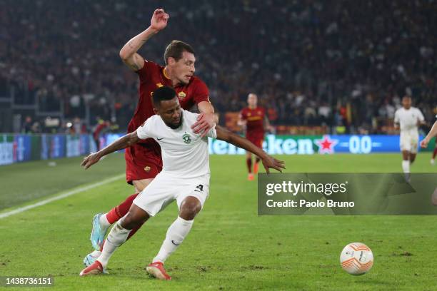 Andrea Belotti of AS Roma is challenged by Cicinho of PFC Ludogorets Razgrad during the UEFA Europa League group C match between AS Roma and PFC...