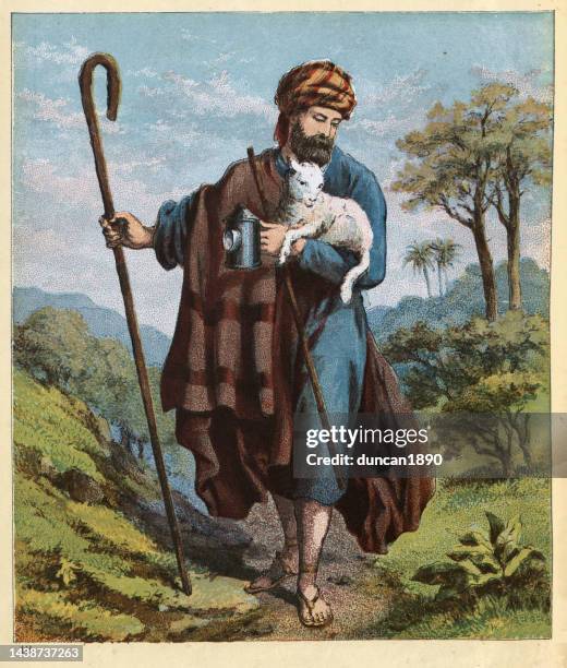 stockillustraties, clipart, cartoons en iconen met good shepherd carrying the lamb, shepherd's crook, lantern, christian allegory, victorian art 19th century - herdersstaf