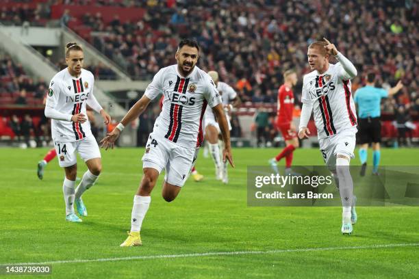 Gaetan Laborde of OGC Nice celebrates scoring their side's first goal with teammates during the UEFA Europa Conference League group E match between...
