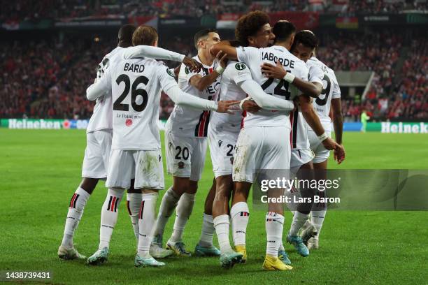 Gaetan Laborde of OGC Nice celebrates scoring their side's first goal with teammates during the UEFA Europa Conference League group E match between...