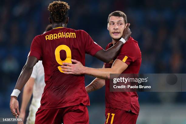 Tammy Abraham interacts with Andrea Belotti of AS Roma during the UEFA Europa League group C match between AS Roma and PFC Ludogorets Razgrad at...