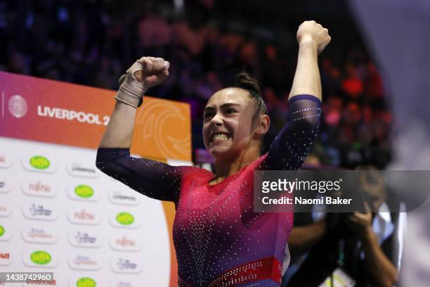 Bronze medalist Jessica Gadirova of Great Britain celebrates following the Women's All-Around Final on day six of the 2022 Gymnastics World...