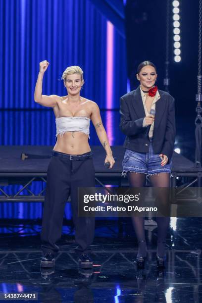 Beatrice Quinta and Francesca Michielin during the second live of X Factor 16 2022 at Repower Theatre on November 03, 2022 in Assago, Italy.