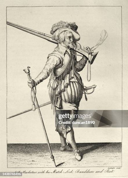 musketier bewaffnet mit streichholzverschlusspistole, bandolier und ruhe, militärgeschichte des 17. jahrhunderts - 17th century style stock-grafiken, -clipart, -cartoons und -symbole