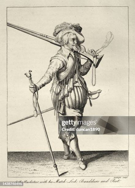 musketeer armed with match lock gun, bandolier and rest, 17th century military history - 17th century style stock illustrations