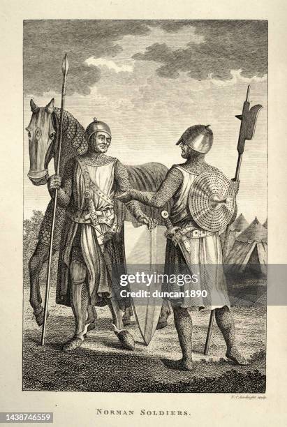 early medieval norman knight and soldier, chain mail armour, weapons spear and bill, war horse - circa 11th century stock illustrations