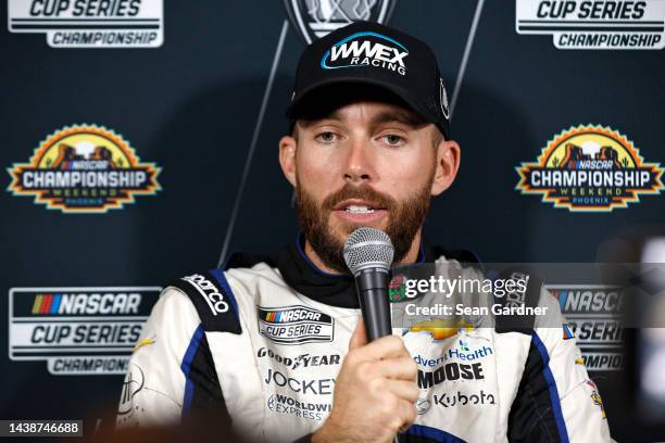 Ross Chastain, driver of the Moose Fraternity Chevrolet, speaks to the media during the NASCAR Championship 4 Media Day at Phoenix Raceway on...
