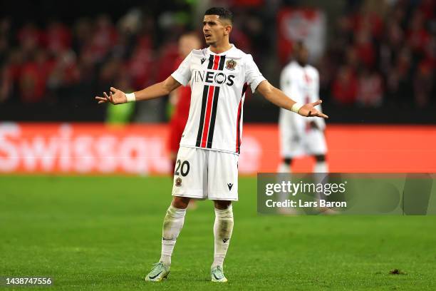 Youcef Atal of OGC Nice reacts during the UEFA Europa Conference League group E match between 1. FC Köln and OGC Nice at RheinEnergieStadion on...