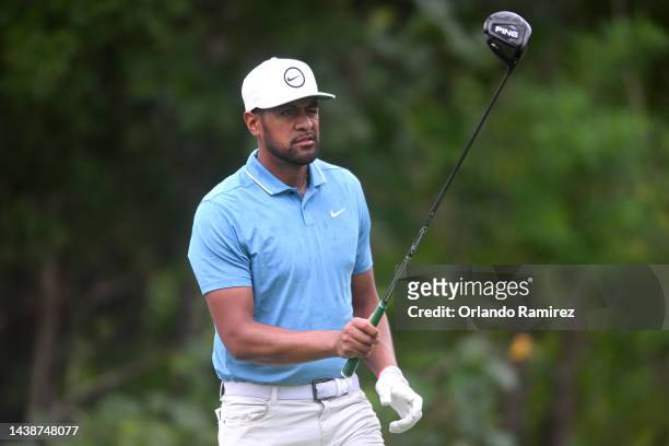 Tony Finau of United States plays a shot on the 7th hole during the first round of the World Wide Technology Championship at Club de Gold El Camaleon...