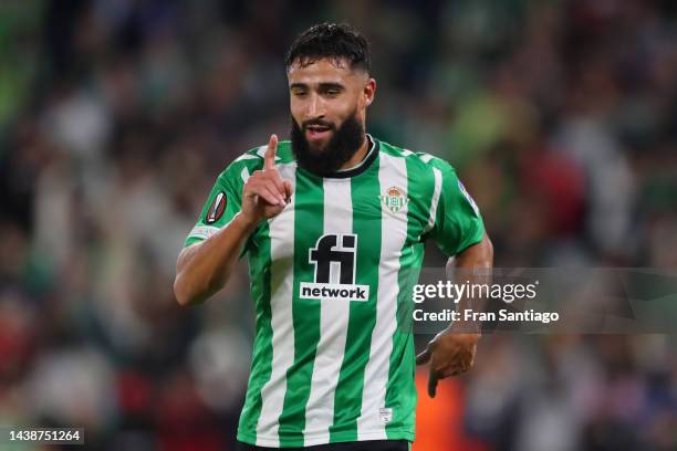 Nabil Fekir of Real Betis celebrates after scoring their sides third goal during the UEFA Europa League group C match between Real Betis and HJK...