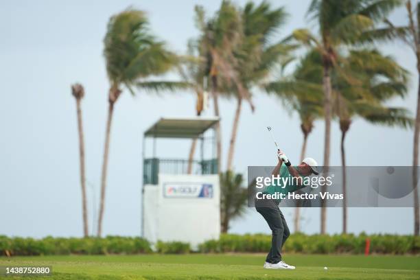 Nick Hardy of United States plays a shot on the 4th hole during the first round of the World Wide Technology Championship at Club de Gold El Camaleon...