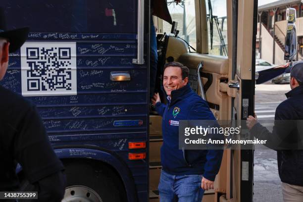 Nevada Republican U.S. Senate nominee Adam Laxalt arrives to a campaign stop on his bus tour on November 03, 2022 in Tonopah, Nevada. Ahead of the...