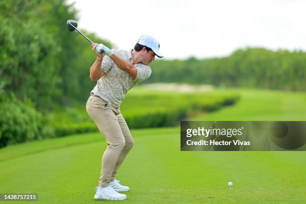 Sebastian Vazquez of Mexico plays his shot from the 5th tee during the first round of the World Wide Technology Championship at Club de Gold El...