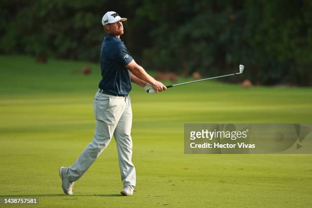 Kyle Westmoreland of United States plays a shot on the 5th holeduring the first round of the World Wide Technology Championship at Club de Gold El...