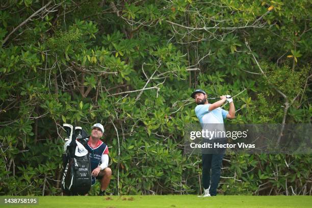 Spaun of United States plays a shot on the third hole during the first round of the World Wide Technology Championship at Club de Gold El Camaleon on...