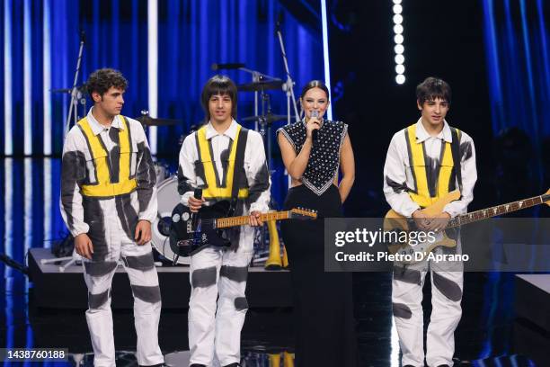 Omini and Francesca Michielin during the second live of X Factor 16 2022 at Repower Theatre on November 03, 2022 in Assago, Italy.