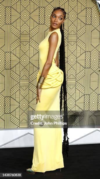 Jourdan Dunn attends the "Black Panther: Wakanda Forever" European Premiere at Cineworld Leicester Square on November 03, 2022 in London, England.