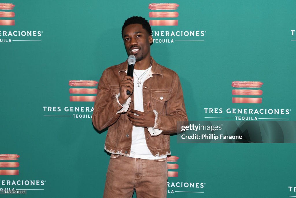 Vip Reords Giveon speaks during Giveon and Tres Generaciones Tequila unveil ...
