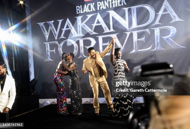 Florence Kasumba, Letitia Wright, Tenoch Huerta and Lupita Nyong'o attend the European Premiere of Marvel Studios' "Black Panther: Wakanda Forever"...