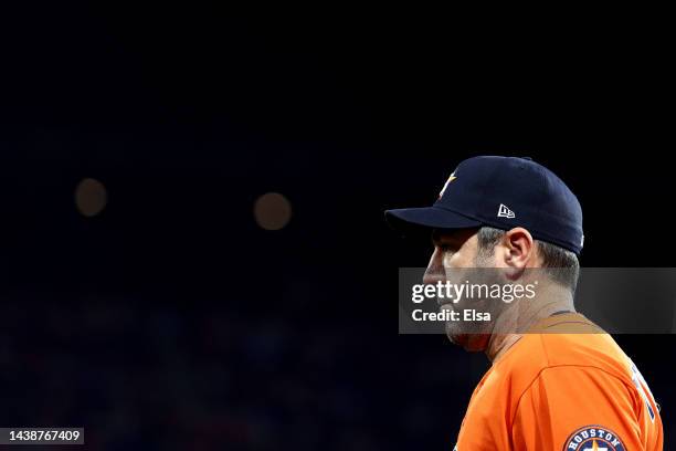 Justin Verlander of the Houston Astros warms up prior to a game against the Philadelphia Phillies in Game Five of the 2022 World Series at Citizens...