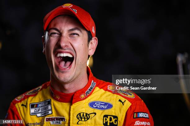 Joey Logano, driver of the Shell Pennzoil Ford, laughs during the NASCAR Championship 4 Media Day at Phoenix Raceway on November 03, 2022 in...