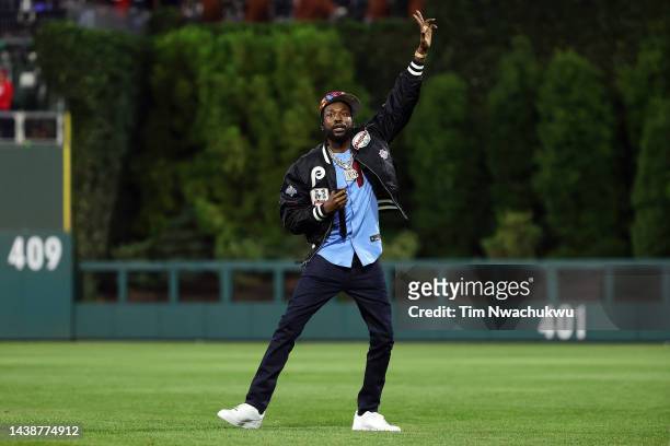 Rapper Meek Mill performs on the field prior to the start of Game Five of the 2022 World Series at Citizens Bank Park on November 03, 2022 in...