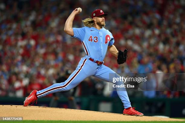 Noah Syndergaard of the Philadelphia Phillies delivers a pitch against the Houston Astros during the first inning in Game Five of the 2022 World...