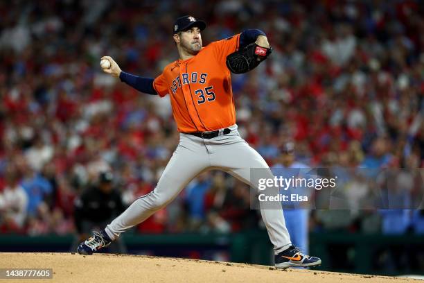 Justin Verlander of the Houston Astros delivers a pitch against the Philadelphia Phillies during the first inning in Game Five of the 2022 World...